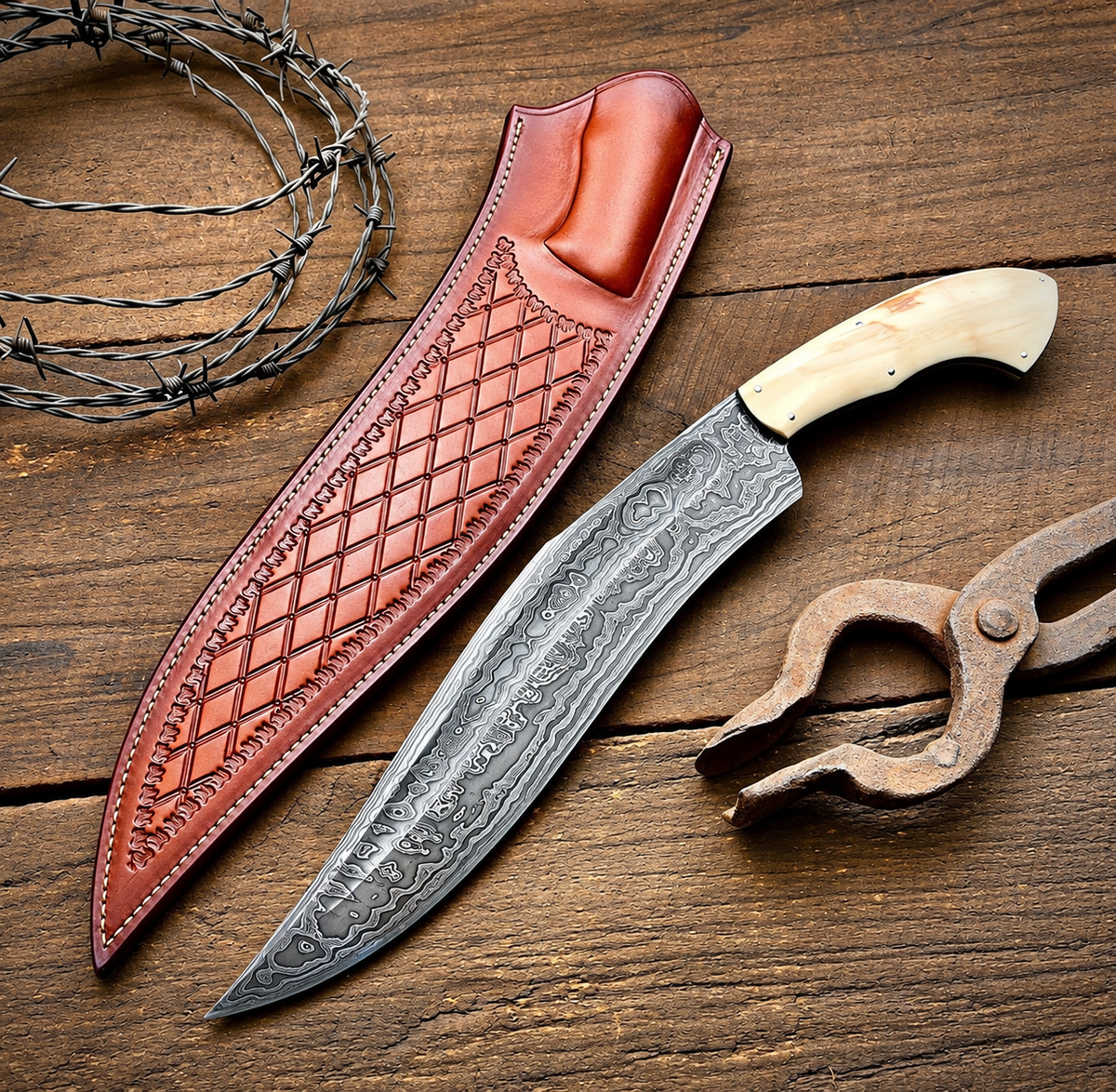 Damascus Steel Hunting Fixed Blade Knife Camel Bone Handle With Leather Sheath