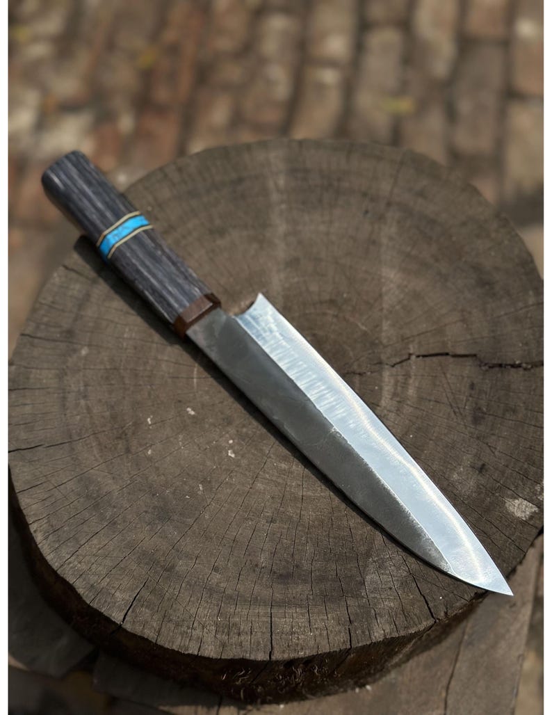 Handmade High-Carbon Steel Chef Knife: Black Wood & Turquoise Handle