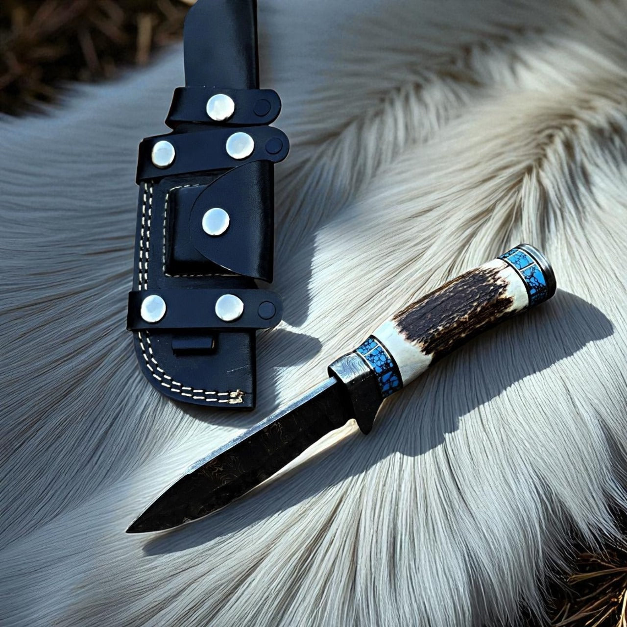 Handmade Damascus Steel Skinner Knife | Stag Handle | Hunting Knife with Leather Sheath