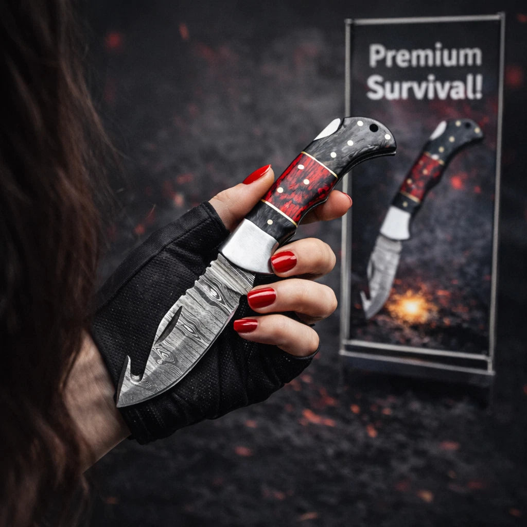 High Quality Damascus Steel Folding Blade Gut Hook Knife Hunting EDC Survival