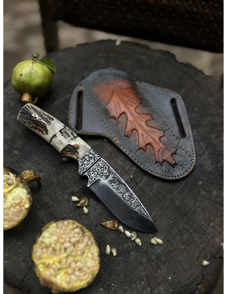 Custom Handmade Hunting Knife With Leather Sheath Stag Horn Handled