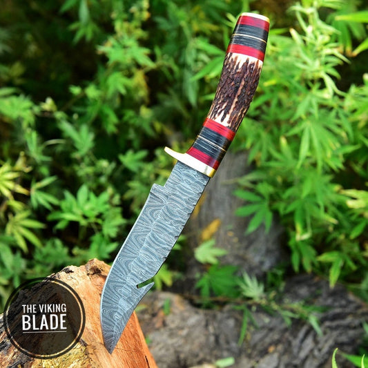 Custom Handmade Forged Damascus Steel Hunting Knife with Stag & Brass Guard Handle Comes With Genuine Leather Sheath