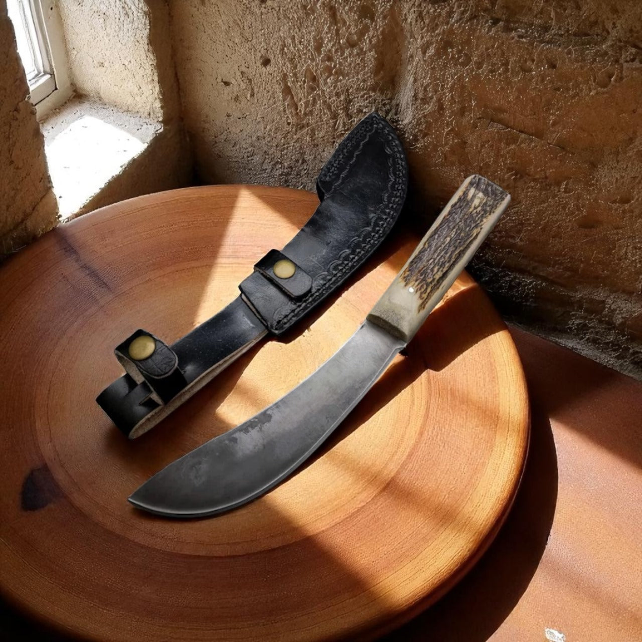 Custom Handmade Carbon Steel Hunting Knife with Stag Horn Handle & Leather Sheath – 11" Full Tang Bushcraft Knife
