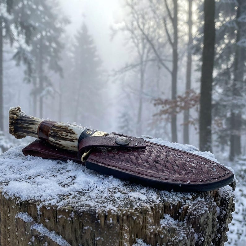 Damascus Gut Hook Skinner Knife: Antler Crown Handle, Leather Sheath