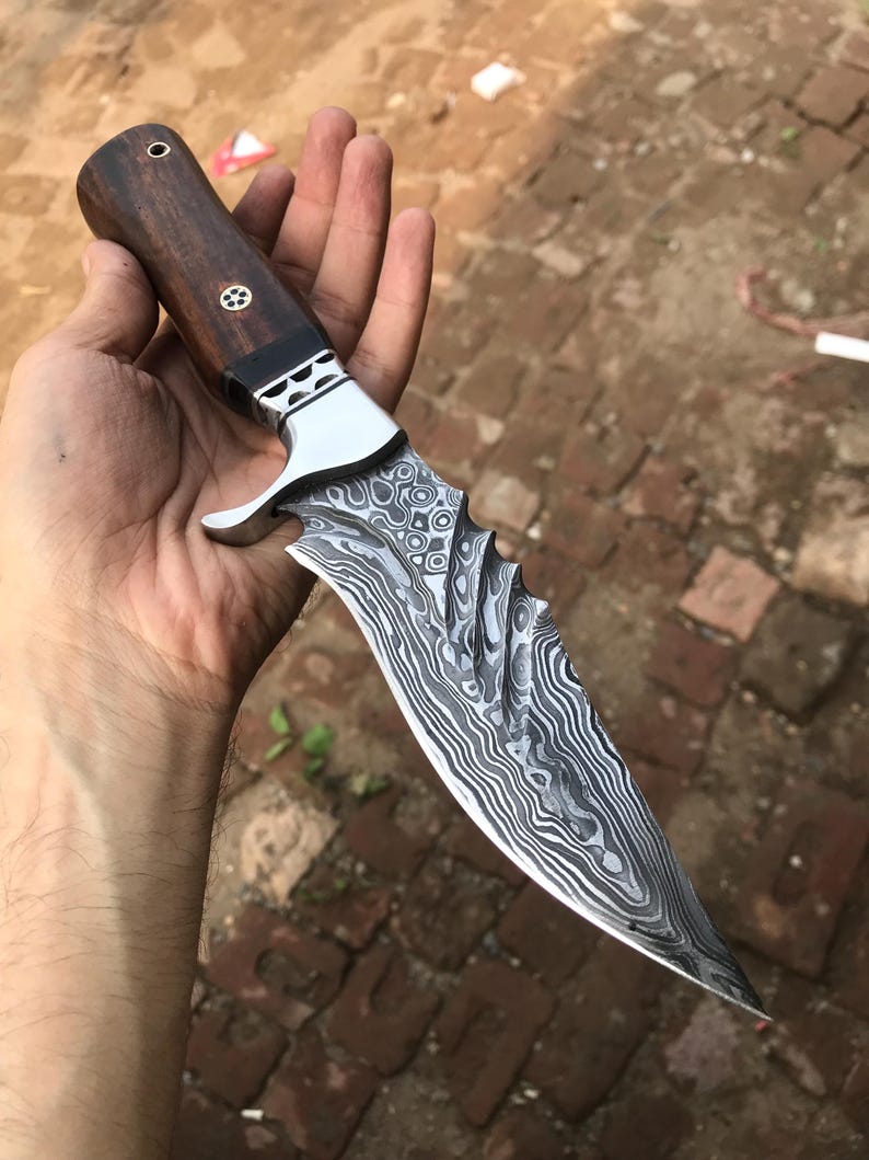 Handcrafted Damascus Steel Knife: Rosewood Handle, Leather Sheath cover