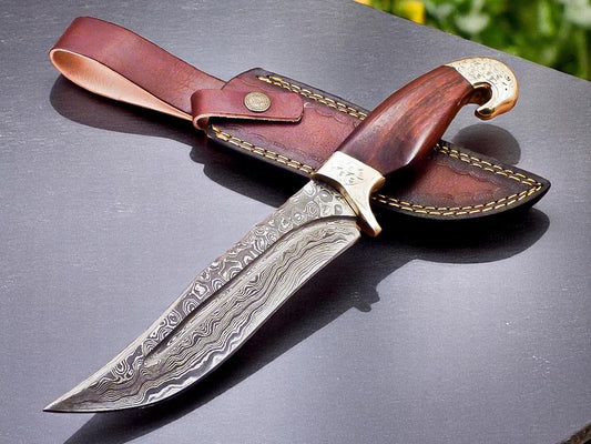 Custom Handmade Damascus Steel Hunting Knife With Leather Sheath