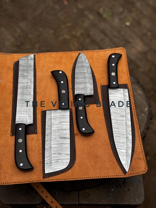 Handmade Damascus Steel Kitchen Knives set With Leather Roll Kit