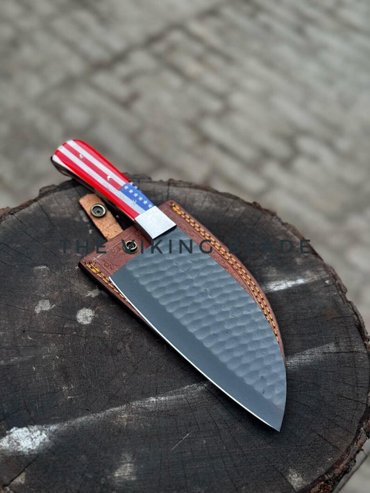 American Flag Handle Chopper Knife With Leather Sheath