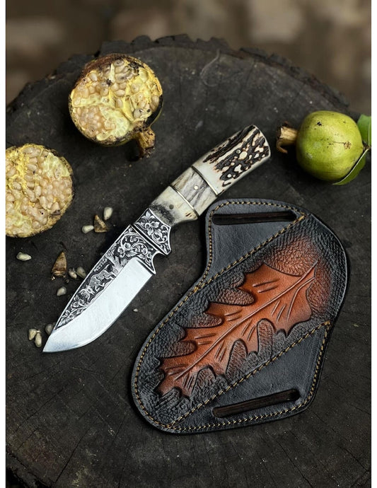 Custom Handmade Hunting Knife With Leather Sheath Stag Horn Handled