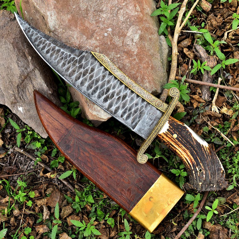 Bowie Hunting Knife, Stone Washed Stainless Steel, Stag Horn Handle