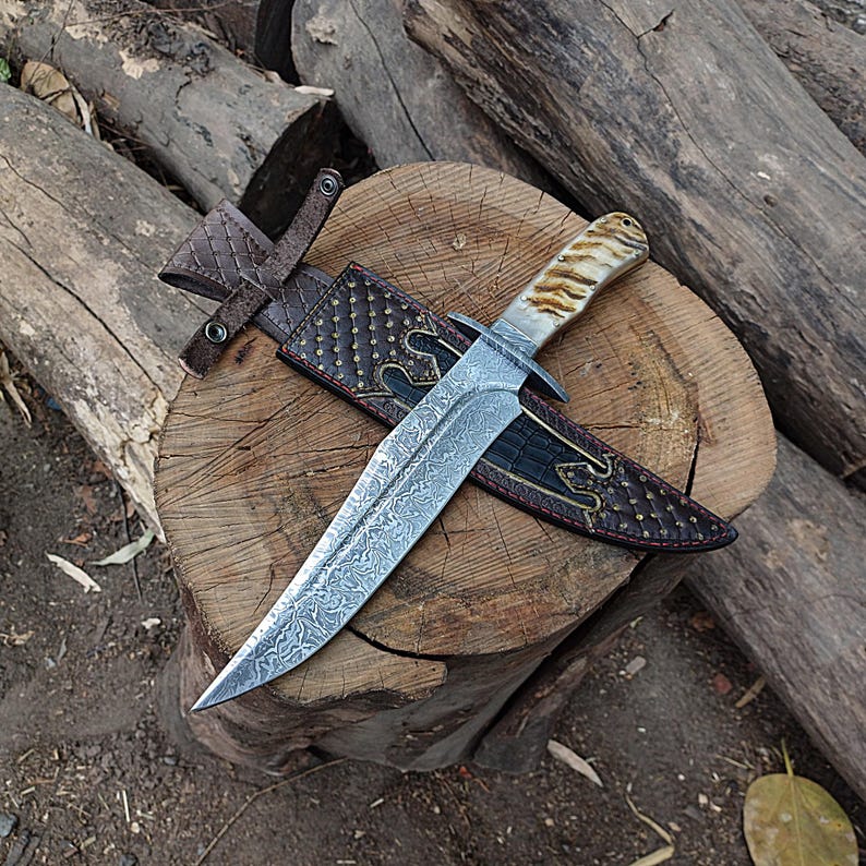 Custom Handmade Hunting Bowie Knife With Leather Sheath
