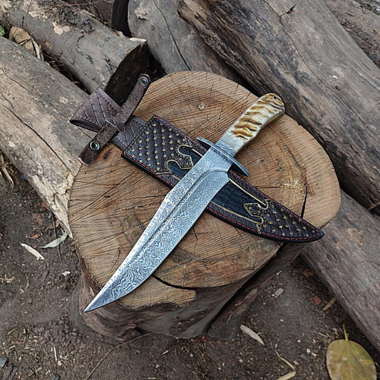 Custom Handmade Hunting Bowie Knife With Leather Sheath