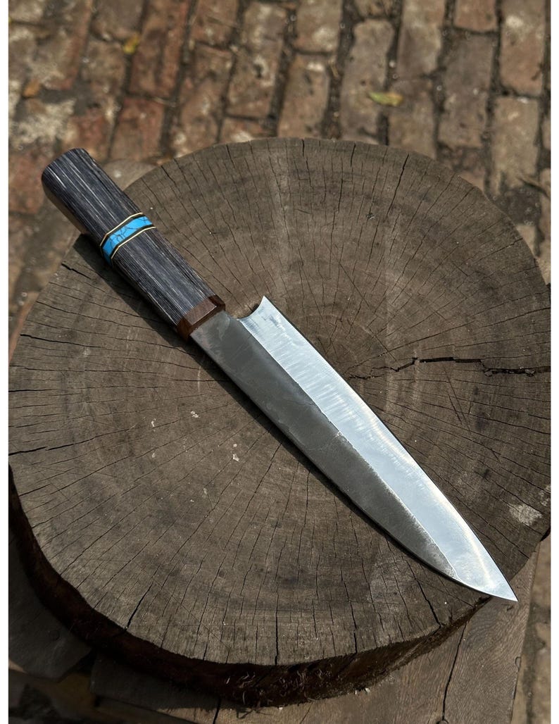 Handmade High-Carbon Steel Chef Knife: Black Wood & Turquoise Handle