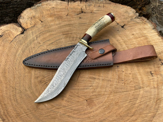 Handmade Damascus Bowie Knife with Stag Antler Handle – 14” Hunting Knife with Leather Sheath
