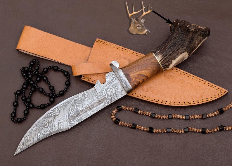 Custom Handmade Damascus Steel Hunting Bowie Knife Stag Antler Handle Excellent grip