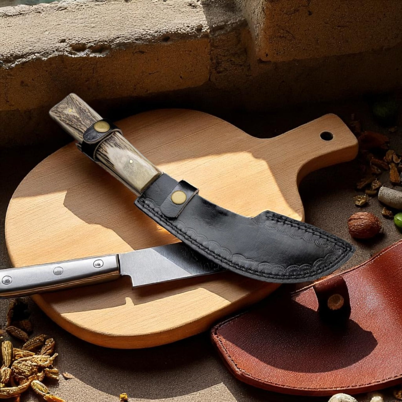 Custom Handmade Carbon Steel Hunting Knife with Stag Horn Handle & Leather Sheath – 11" Full Tang Bushcraft Knife