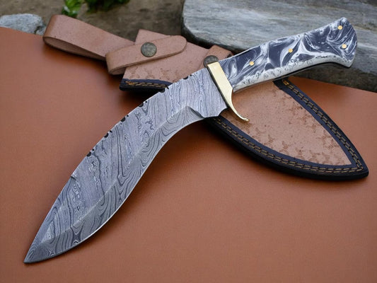 Custom Handmade Damascus Steel Kukri Knife With Leather Sheath