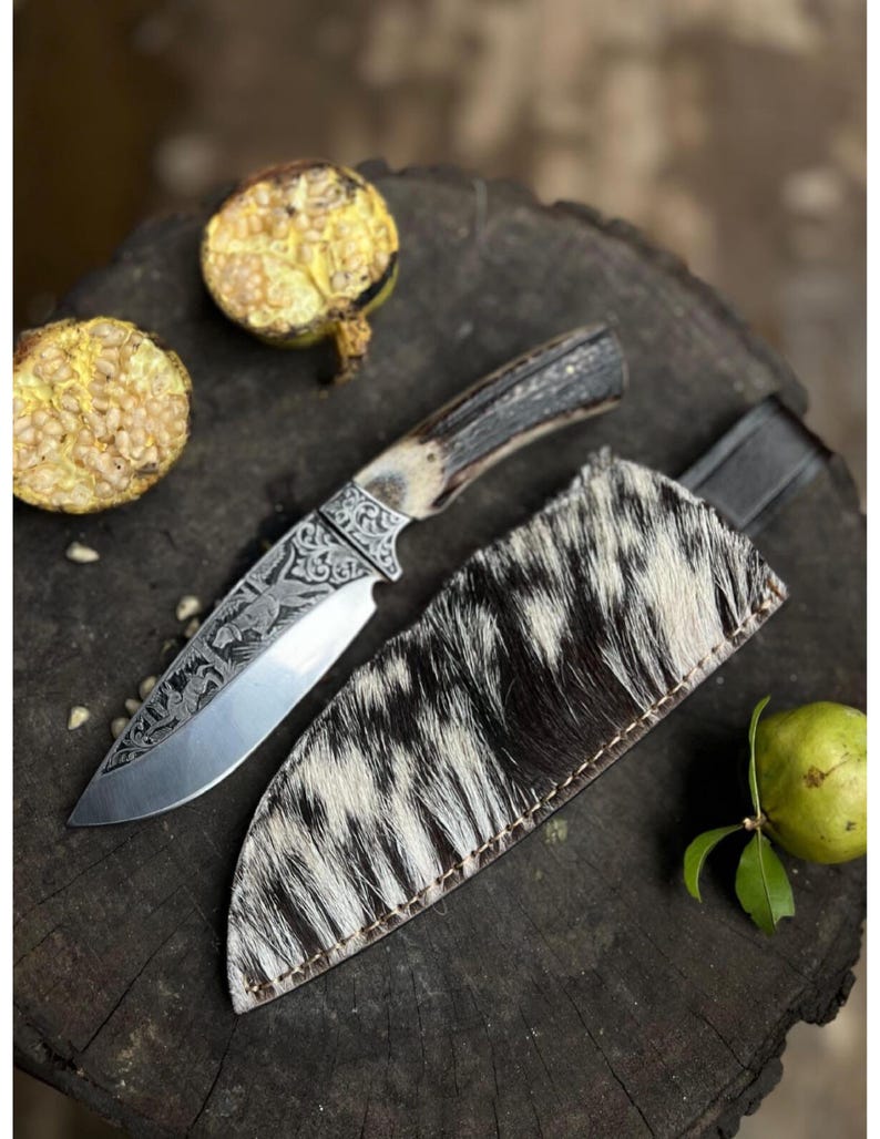 Custom Handmade Hunting Knife With Leather Sheath Stag Handle