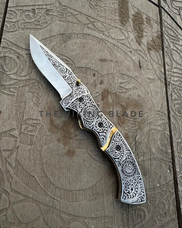 Handmade Viking Raven Folding Knife: Engraved D2 Steel Blade,