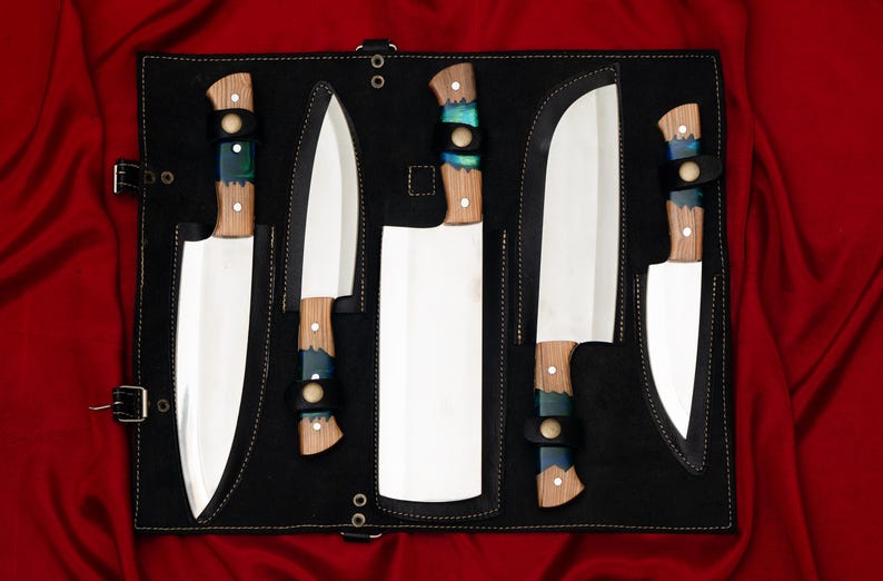 Custom Handmade Kitchen Knives Chef Set With Leather Roll Kit