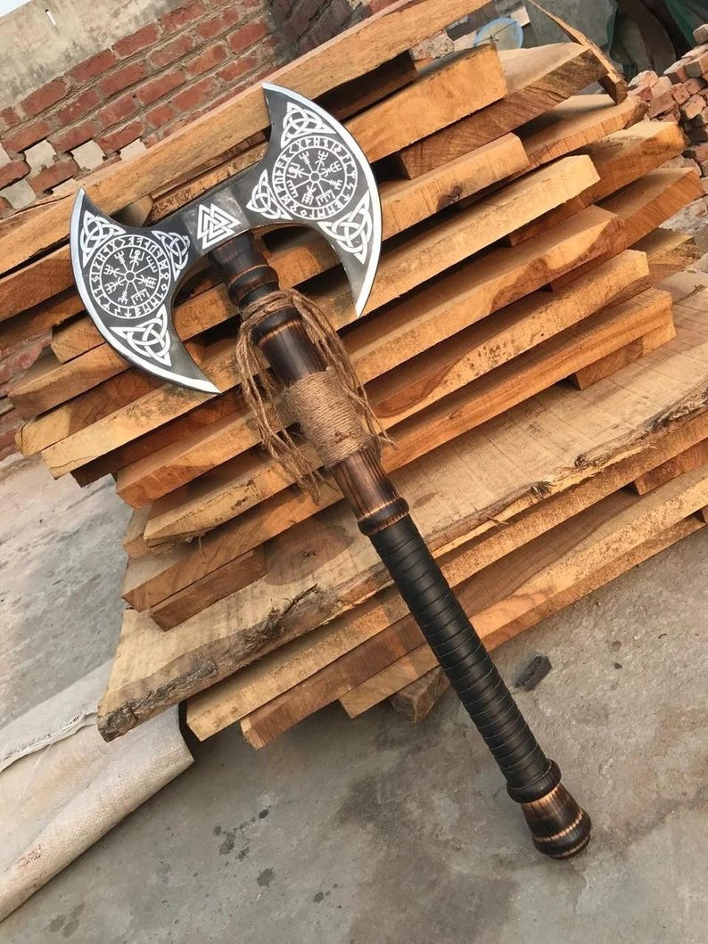 Handmade Carbon Steel Double Headed Viking Axe With Leather Sheath
