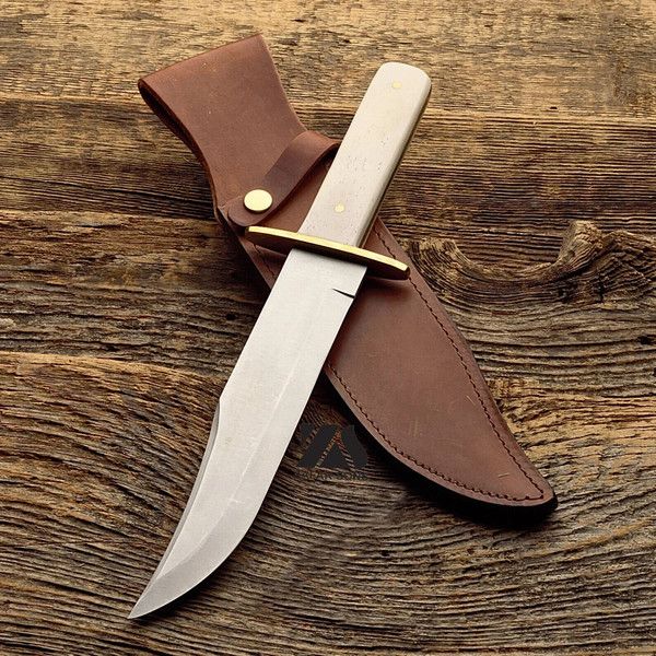 Handmade Bowie Knife with White Micarta Handle & Leather Sheath