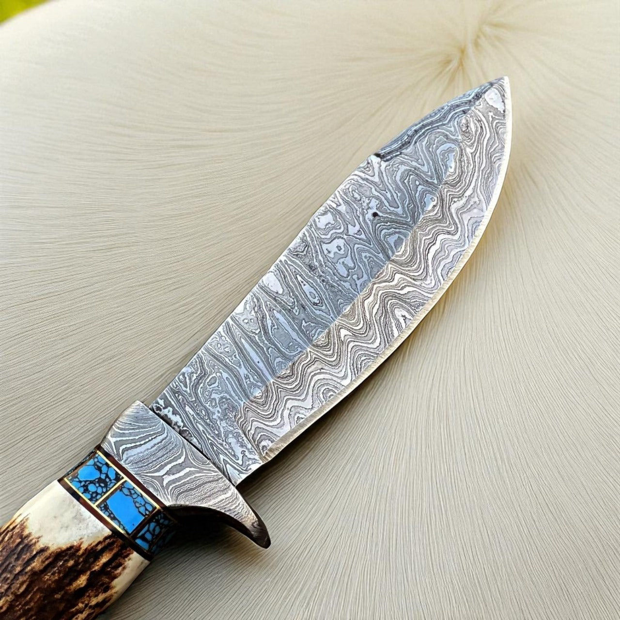 Handmade Damascus Steel Skinner Knife | Stag Handle | Hunting Knife with Leather Sheath