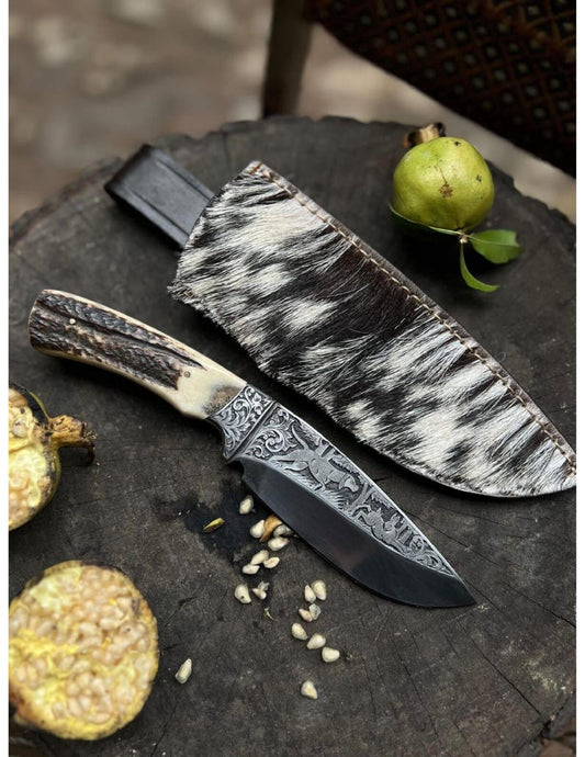 Custom Handmade Hunting Knife With Leather Sheath Stag Handle