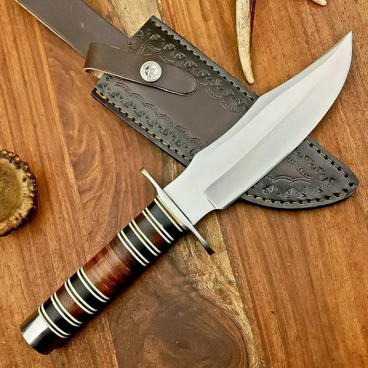 Handmade Hunting Knife with Leather Sheath | Fixed Blade Bowie Knife with Stacked Leather Handle | Outdoor Camping Knife | Gift for Him