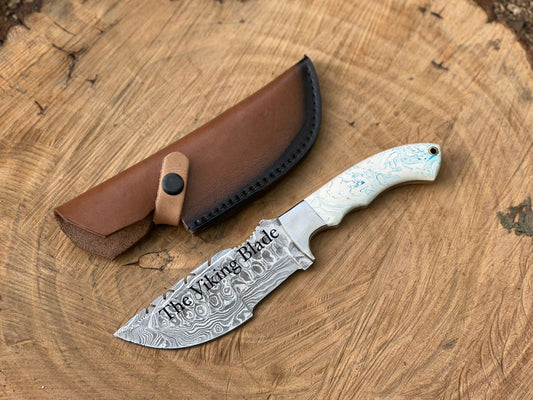 Handmade Damascus Tracker Knife – 11” Full Tang Hunting Knife with Resin Handle & Leather Sheath
