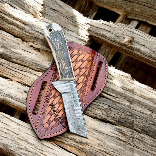 Custom Handmade Tanto Knife – 3.4" Damascus Steel Blade with Antler Horn Handle