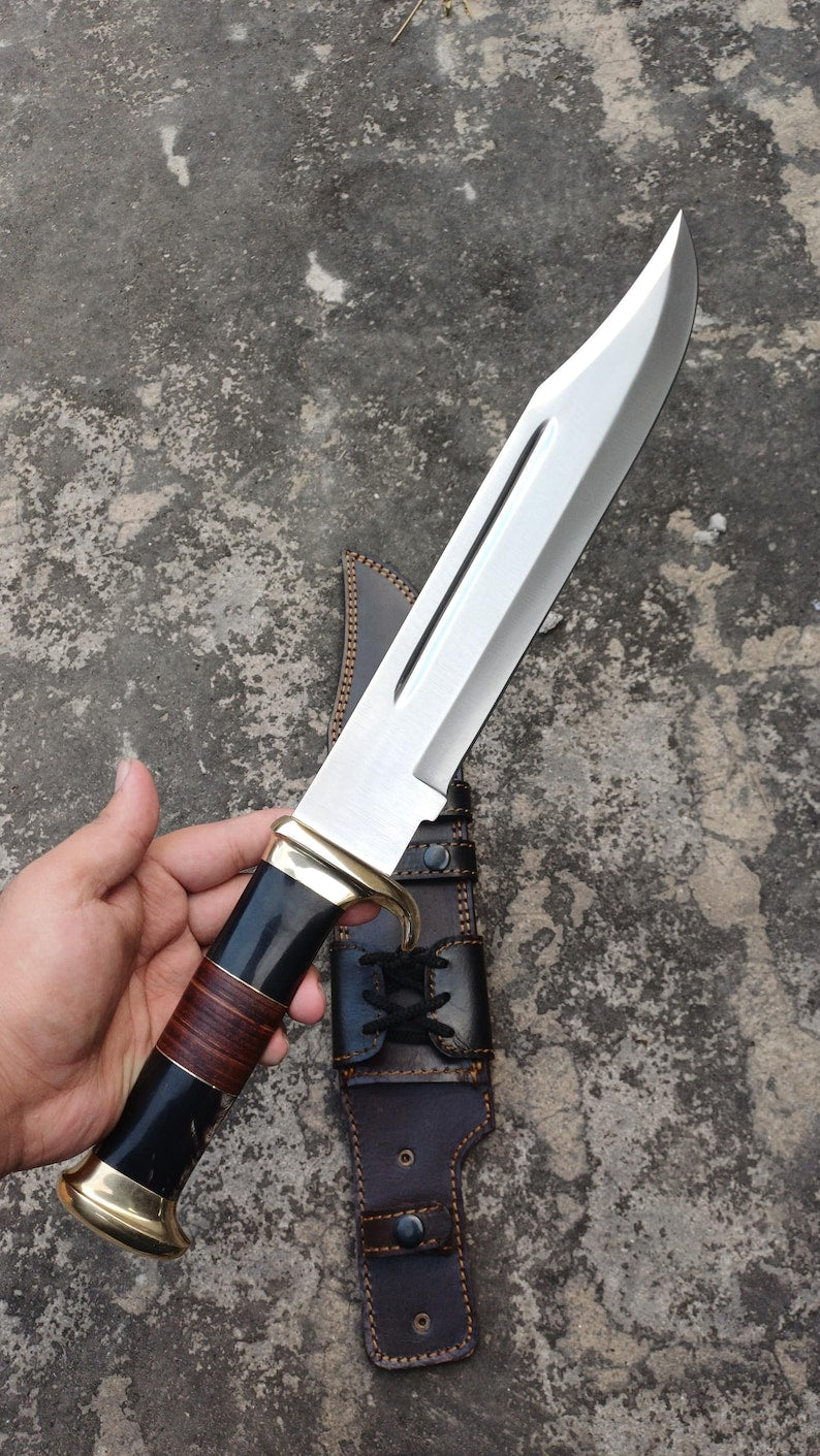 Custom Handmade D2 Steel Bowie Knife – Buffalo Horn Handle with Premium Leather Sheath