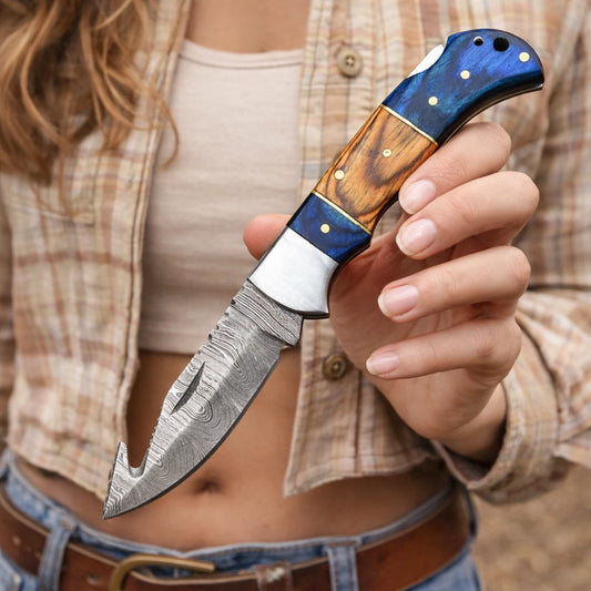 Damascus Folding Blade Knife Hiking Camping Hunting Premium Collector Skinner