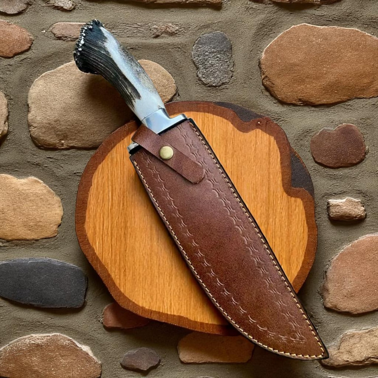 Hand-Forged High Carbon Steel Bowie Knife with Stag Handle | Hunting & Survival Knife with Leather Sheath