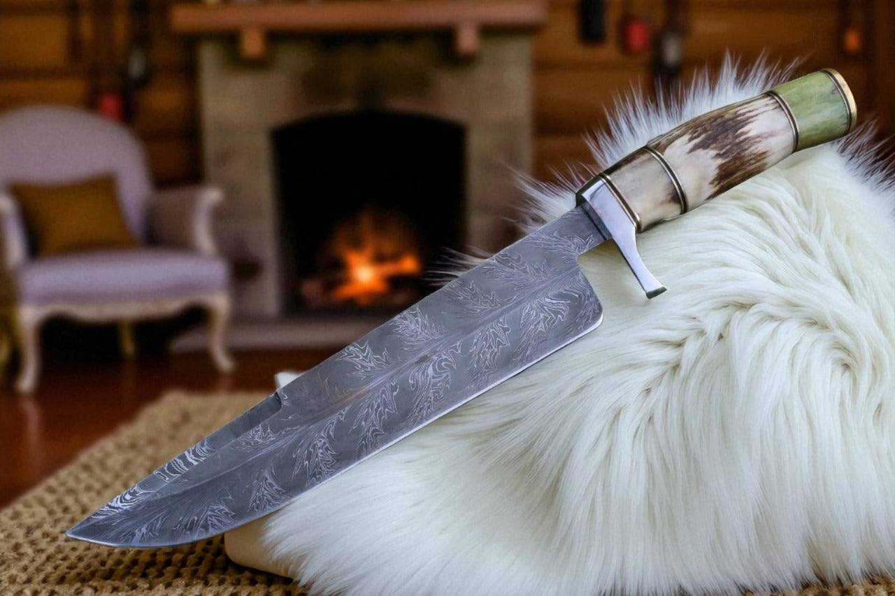 Custom Damascus Bowie Knife | Mosaic Pattern Blade | 16” Stag Horn Handle Hunting Knife