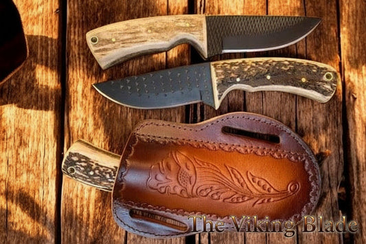 Ranch Cowboy Knives and Sheaths – 8" Black Powder Coated Rasp Steel Blade with Antler Horn Handle