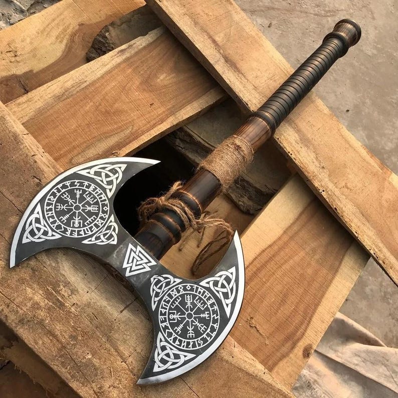 Handmade Carbon Steel Double Headed Viking Axe With Leather Sheath