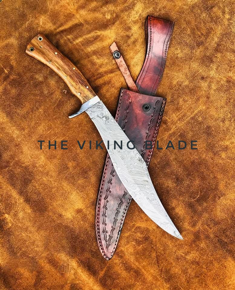 Handmade Damascus Steel Bowie Knife with Rosewood Handle & Tooled Leather Sheath