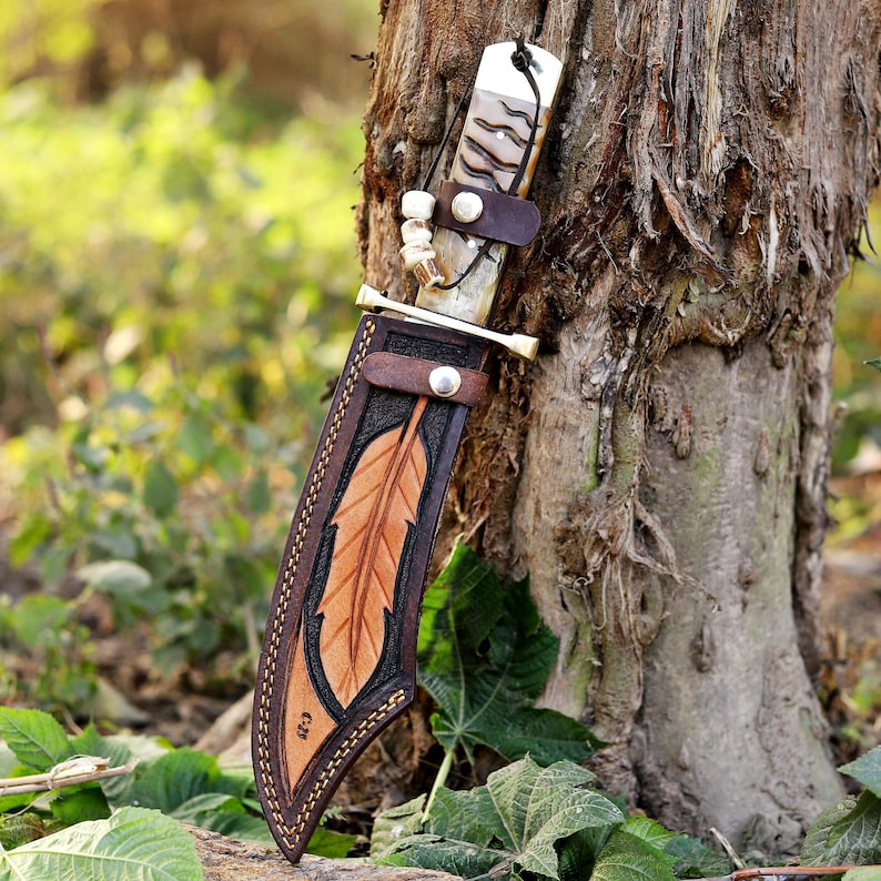 Handmade Hunting Knife 15 Inch | Carbon Steel Blade with Ram Horn Handle & Leather Sheath