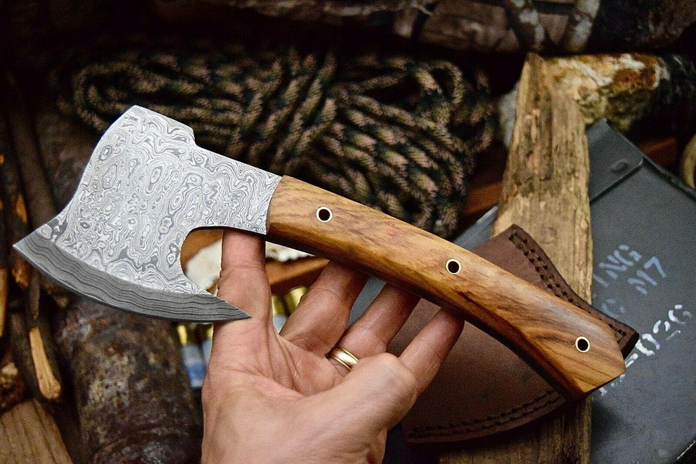 Custom Handmade Axe Damascus Steel Hatchet Axe with Olive Burl Wood Handle