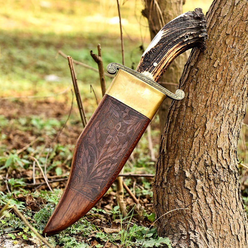 Bowie Hunting Knife, Stone Washed Stainless Steel, Stag Horn Handle