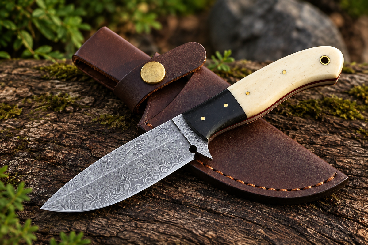 Boneforge Doublecrest™ Damascus Hunting Knife – Bone & Micarta Handle