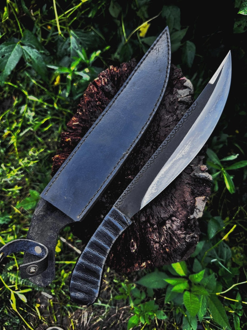Carbon steel Handmade leather wrap 12 inch blade black knife