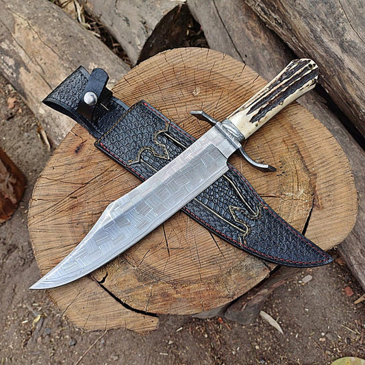 Custom Handmade  Bowie Knife – 10" Hunting Blade, Mosaic Pattern, Stag Handle With Leather Sheath