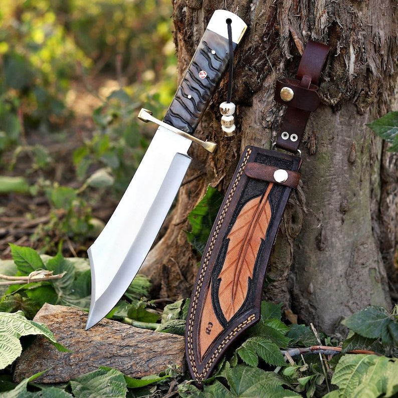 Handmade Hunting Knife 15 Inch | Carbon Steel Blade with Ram Horn Handle & Leather Sheath