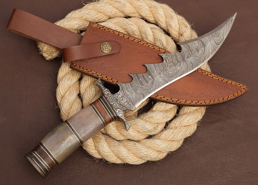 Custom Handmade Damascus Steel Hunting Bowie Knife With Leather Sheath