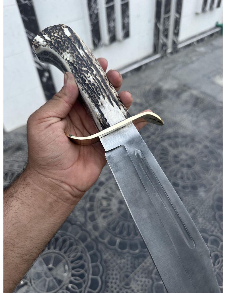 Carbon Steel Bowie Knife Handmade Stag Horn Handle Leather Sheath
