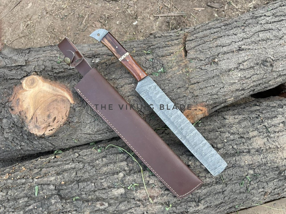Custom Handmade Damascus Steel Bread Knife With Leather Sheath