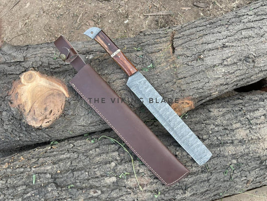 Custom Handmade Damascus Steel Bread Knife With Leather Sheath