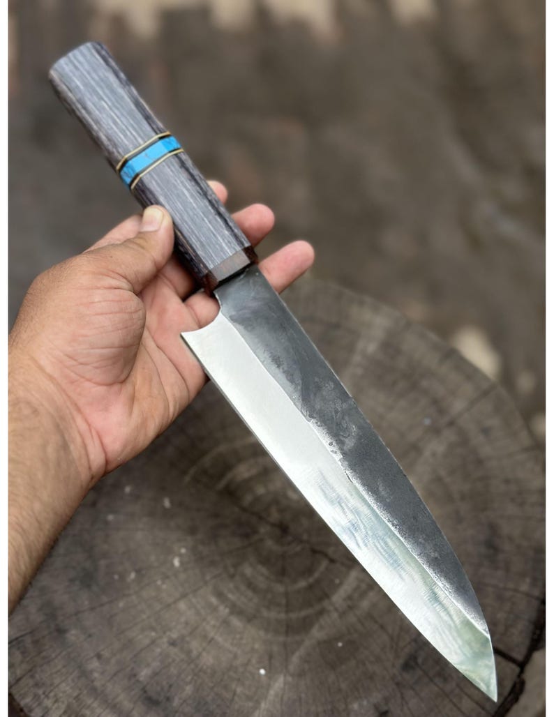 Handmade High-Carbon Steel Chef Knife: Black Wood & Turquoise Handle